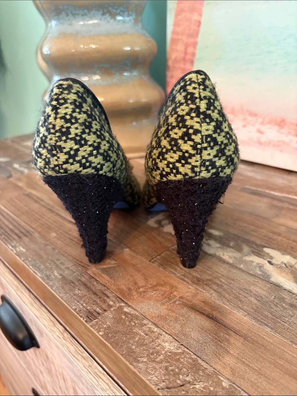 Poetic License Yellow-Green Patterned Mid Heel Pumps with Decorative Buckle - Picture 6 of 11